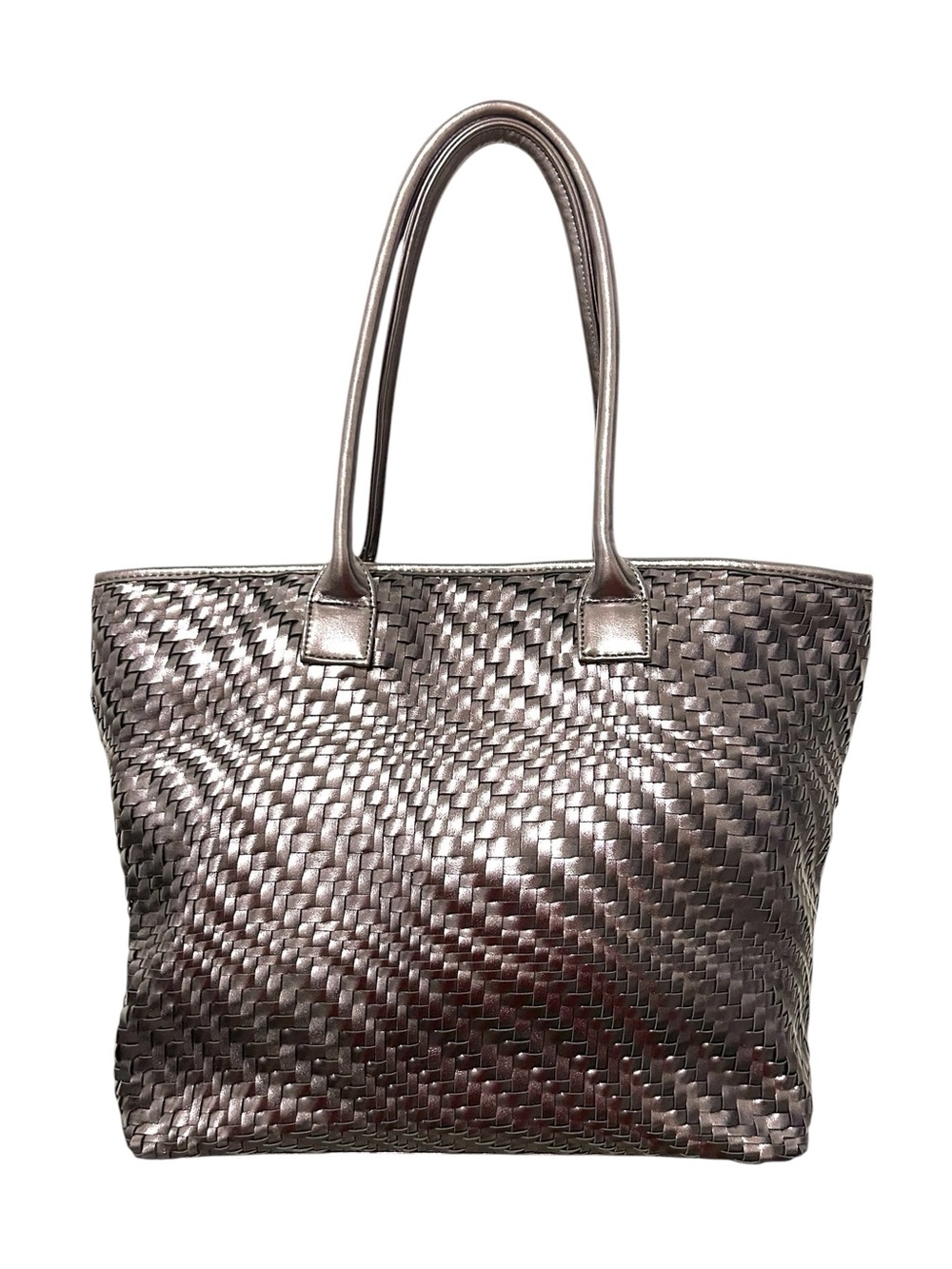 Deux Lux Tote Bag Silver Metallic Faux Leather Woven Spacious Basketweave Vegan